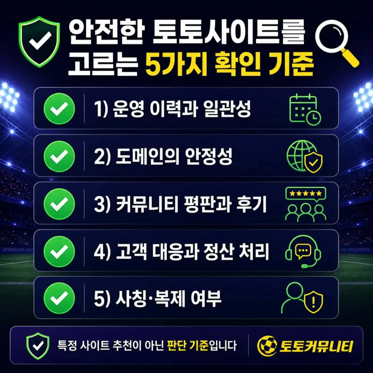 안전한 토토사이트를 고르는 5가지 확인 기준 안전한 토토사이트를 고르는 5가지 확인 기준 인포그래픽: 운영 이력과 일관성, 도메인의 안정성, 커뮤니티 평판과 후기, 고객 대응과 정산 처리, 사칭·복제 여부를 종합해 판단하는 기준 안내