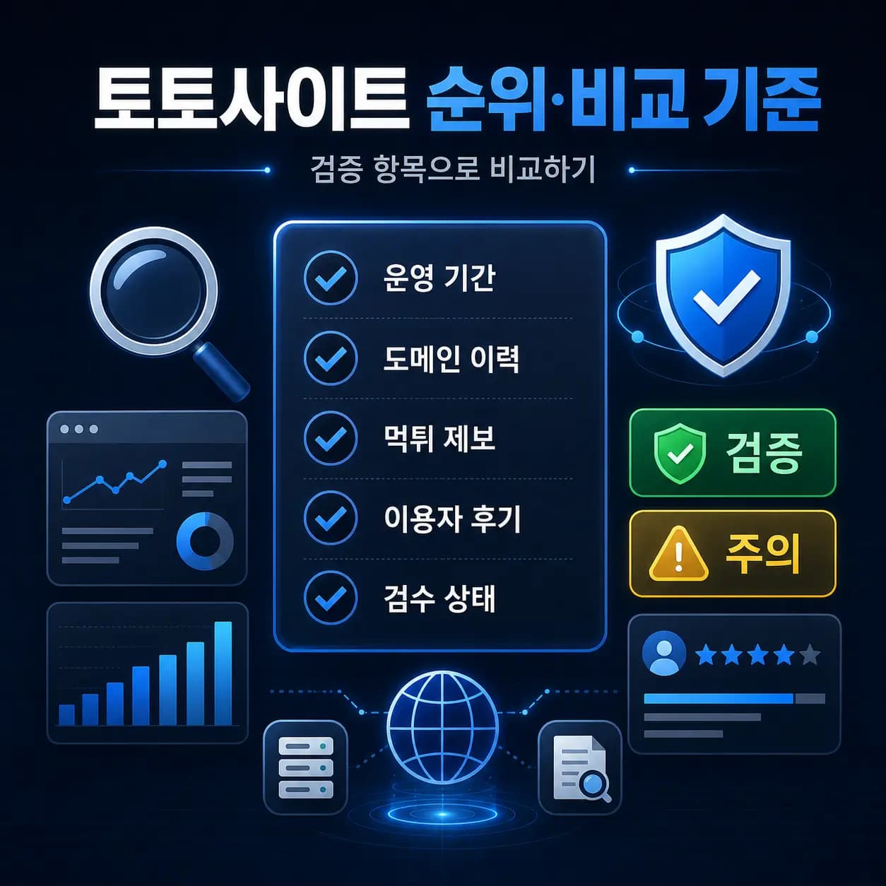 토토사이트 순위·비교 기준 토토사이트 순위·비교 기준 인포그래픽 — 운영 기간, 도메인 이력, 먹튀 제보, 이용자 후기, 검수 상태 검증 항목